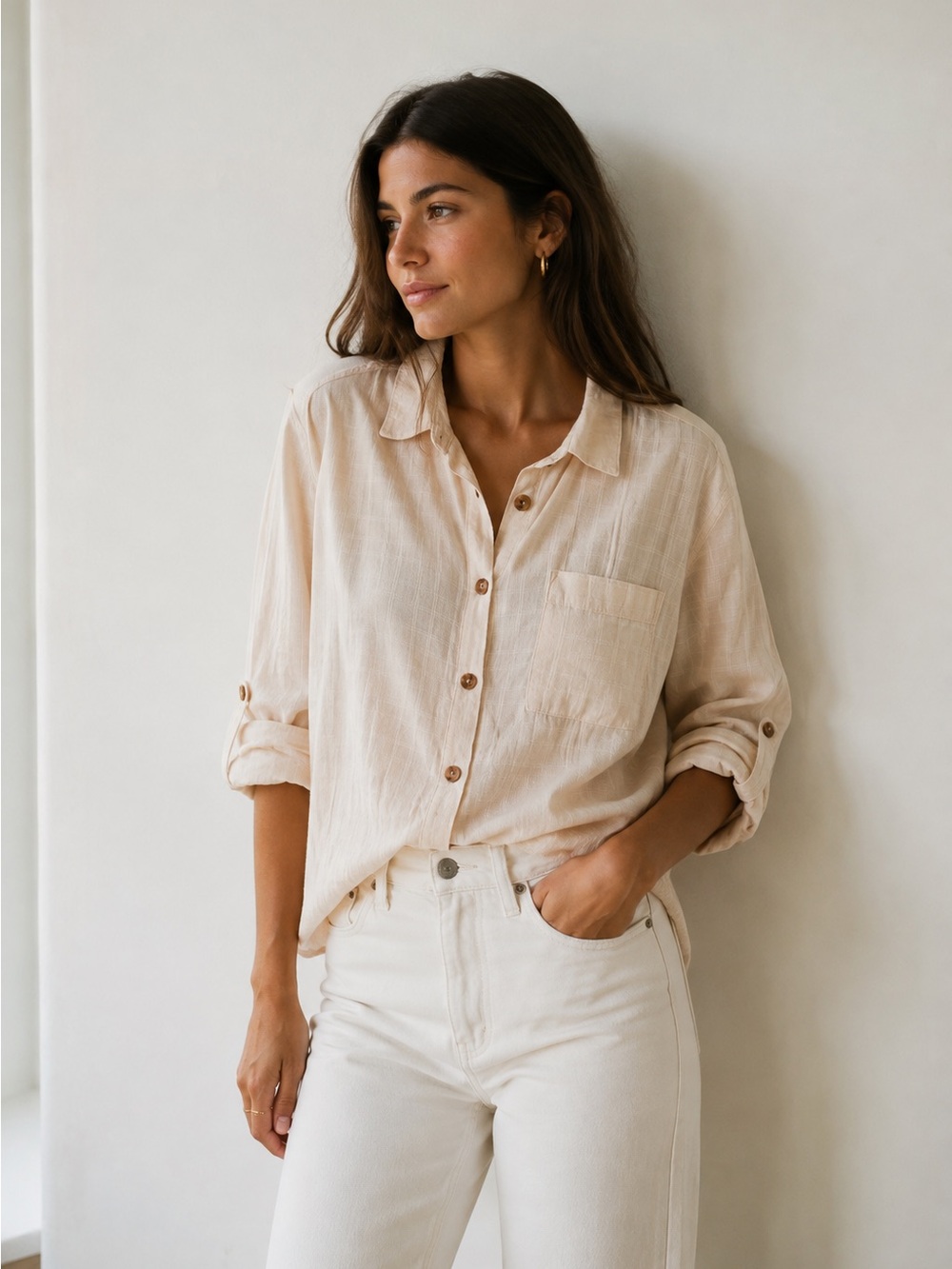 TRIBAL | Cotton Button-Down Shirt | Textured Grid Weave | Relaxed Fit | Size L
